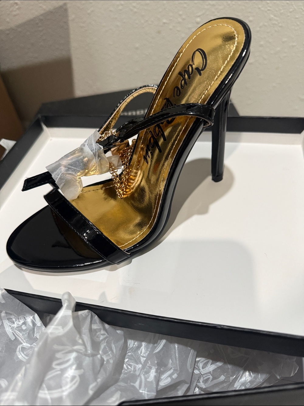 Black Patent Stiletto Slide with Gold Insole